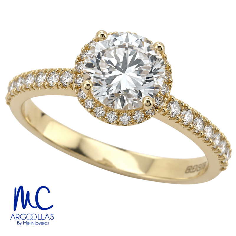 Anillo de compromiso de diamante de laboratorio 1.08 ct · corte redondo brillante · color D· claridad VS1 · oro amarillo 14k