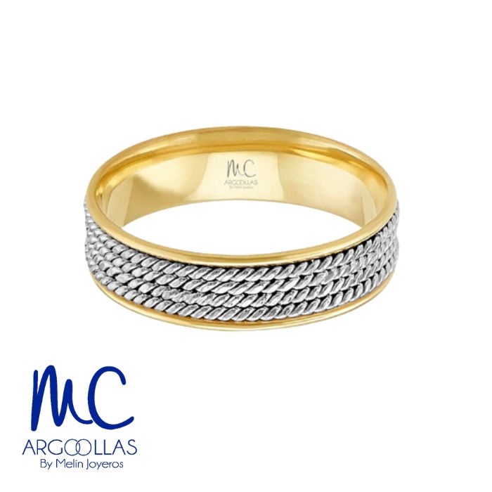 Argolla de matrimonio de oro combinado 10k y 14k · 6 mm · estilo recto · acabado labrado · modelo AGJ301N