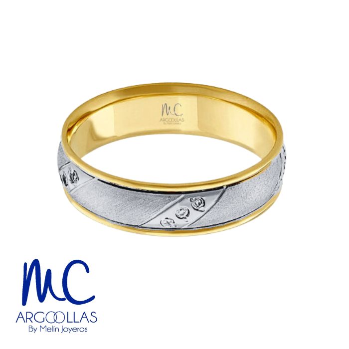 Argolla de matrimonio de oro combinado 10k y 14k · 6 mm · estilo recto · acabado mate con piedras