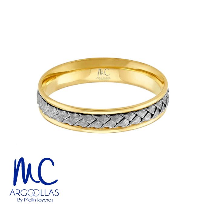 Argolla de matrimonio de oro combinado 10k y 14k · 4 mm · estilo recto · acabado labrado · modelo AGJ356N