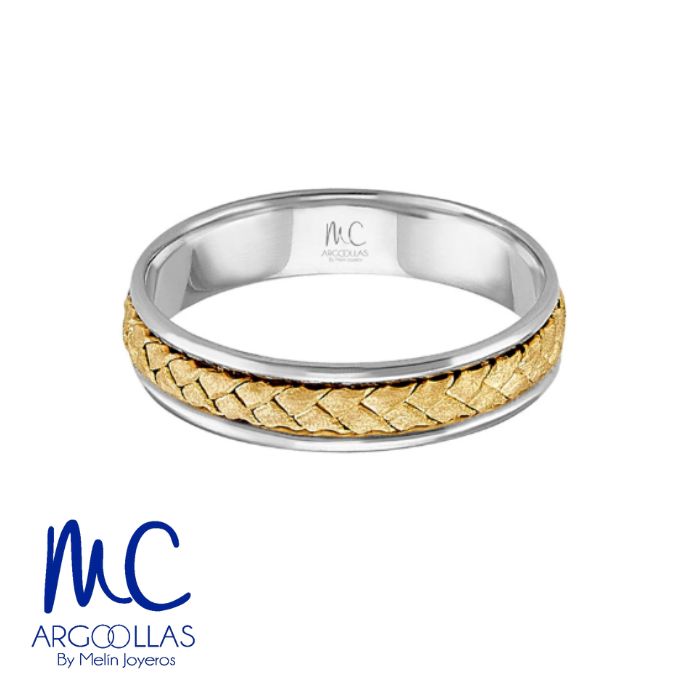 Argolla de matrimonio de oro combinado 10k y 14k · 4 mm · estilo recto · acabado labrado · modelo AGJ357N