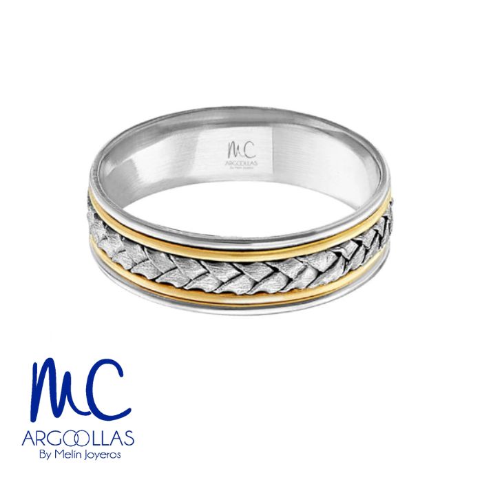 Argolla de matrimonio de oro combinado 10k y 14k · 6 mm · estilo recto · acabado labrado · modelo AGJ370N