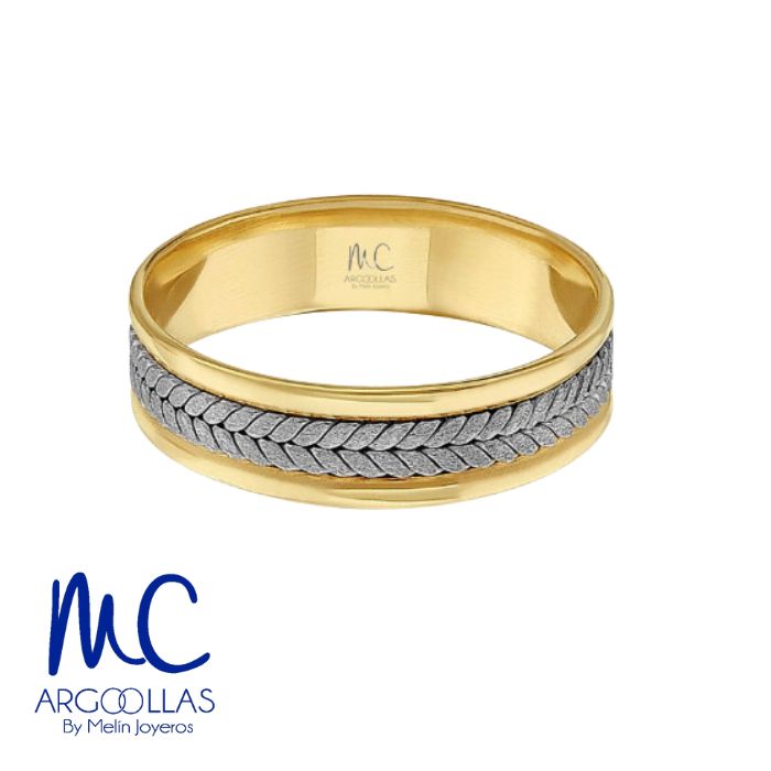 Argolla de matrimonio de oro combinado 10k y 14k · 6 mm · estilo recto · acabado labrado · modelo AGJ393N
