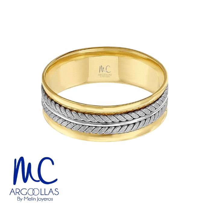 Argolla de matrimonio de oro combinado 10k y 14k · 7 mm · estilo recto · acabado labrado · modelo AGJ394N