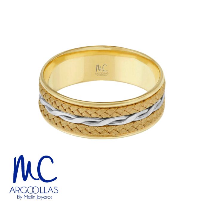 Argolla de matrimonio de oro combinado 10k y 14k · 7 mm · estilo recto · acabado labrado · modelo AGJ423N