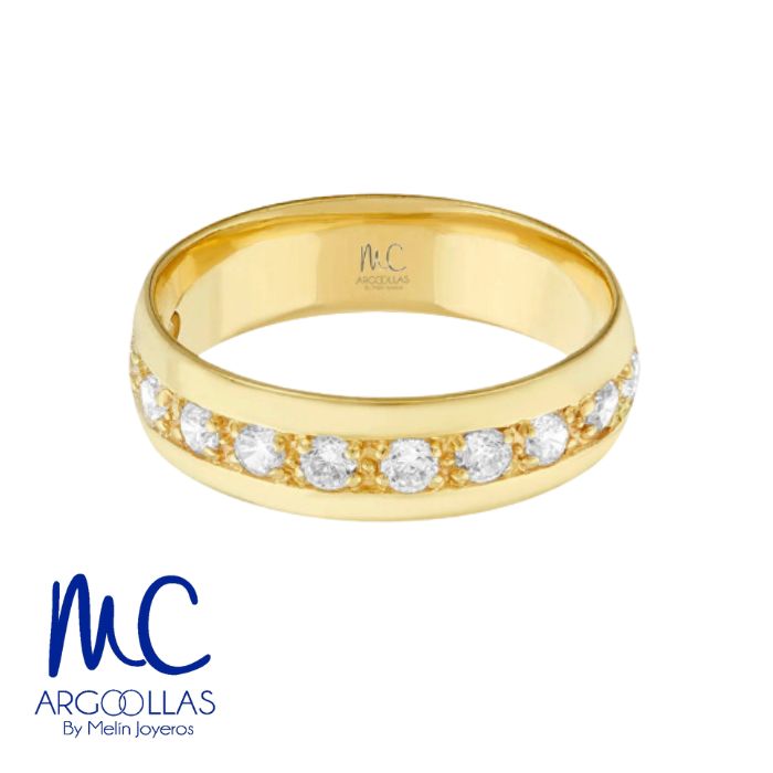 Argolla de matrimonio de oro amarillo 10k y 14k · 6 mm · estilo recto · acabado labrado con piedras · modelo AGJ434N