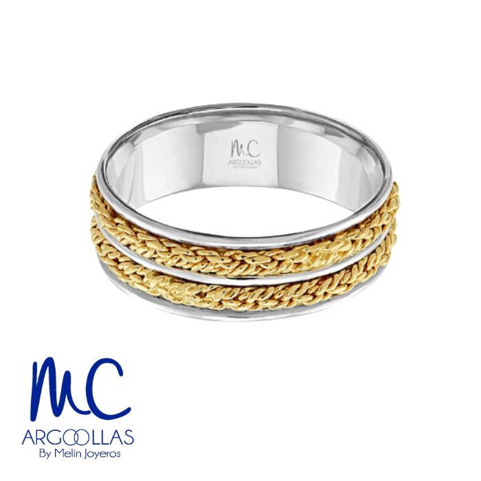 Argolla de matrimonio de oro combinado 10k y 14k · 7 mm · estilo recto · acabado labrado · modelo AGJ455N