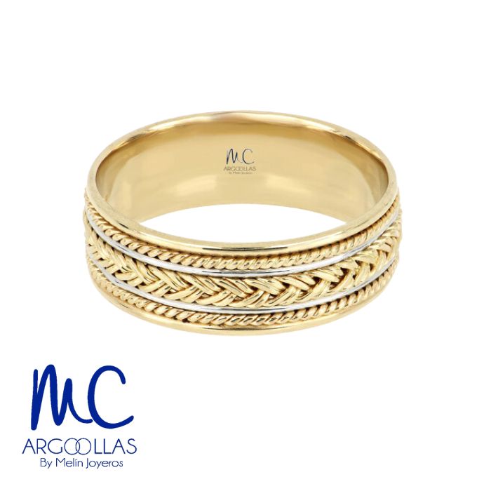 Argolla de matrimonio de oro combinado 10k y 14k · 7 mm · estilo recto · acabado labrado · modelo AGJ456N