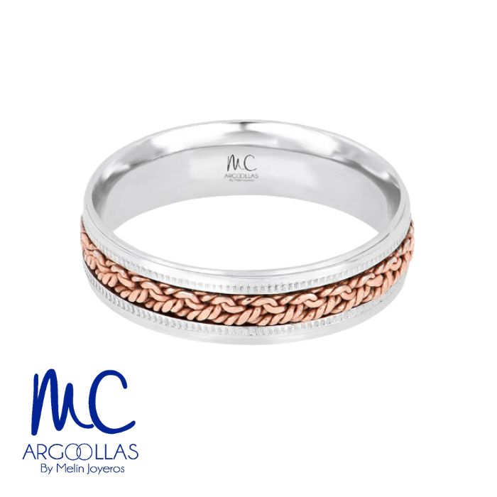 Argolla de matrimonio de oro combinado 10k y 14k · 4 mm · estilo recto · acabado labrado · modelo AGJ482N