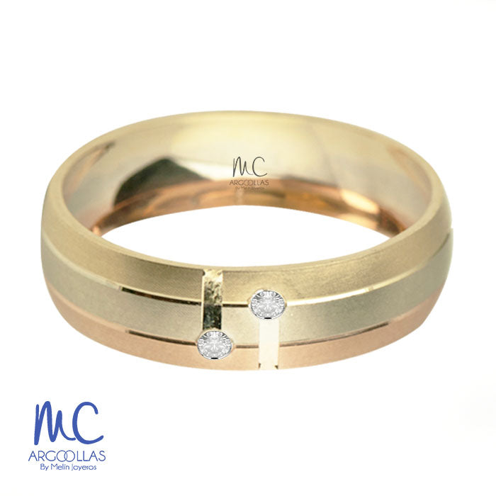 Argolla de matrimonio de oro combinado 10k y 14k · 6 mm · estilo confort · acabado mate con piedra