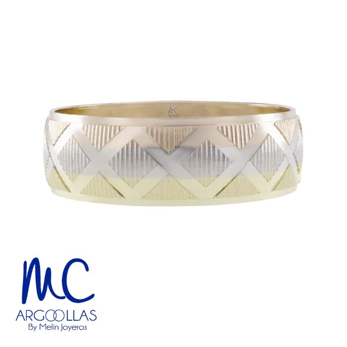 Argolla de matrimonio de oro combinado 10k y 14k · 6 mm · estilo confort · acabado labrado · modelo F202586